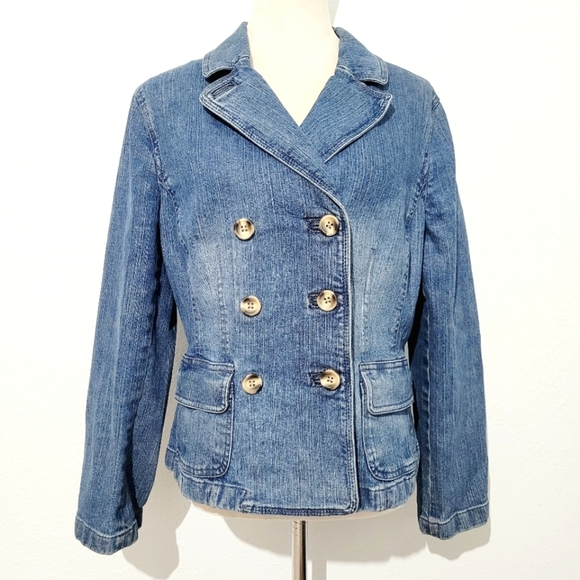 Ann Taylor LOFT Petites Denim Jacket Women’s Size 14P Double Breasted Fitted Str - Picture 1 of 10